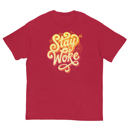 Red T-Shirt with Stay Woke graphic in yellow and orange