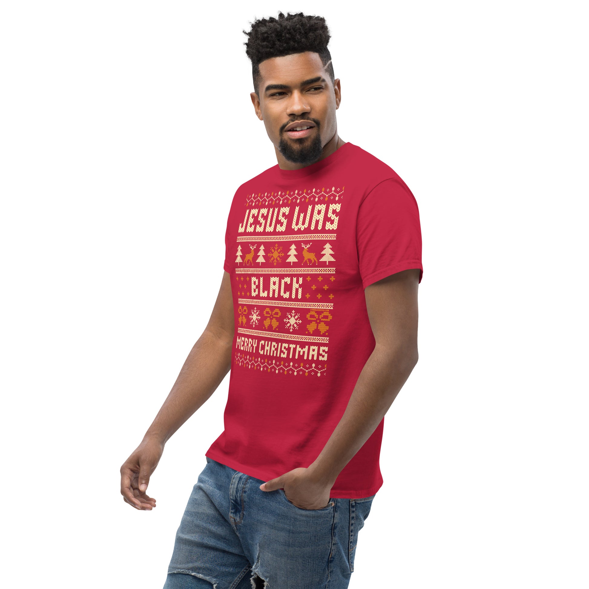 Side view of model in red Jesus Was Black Merry Christmas Unisex T-Shirt by TheBlackest Co., showcasing holiday humor and bold statement.