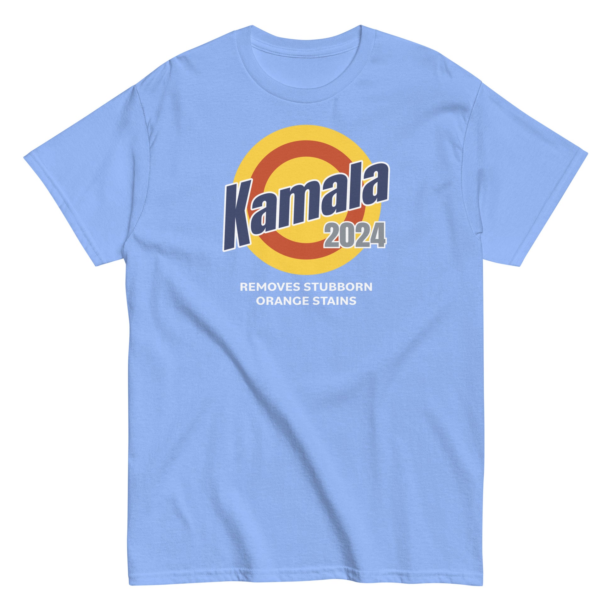 Carolina blue unisex classic T-shirt, soft cotton fabric, size large. kamala removes stubborn orange stains design