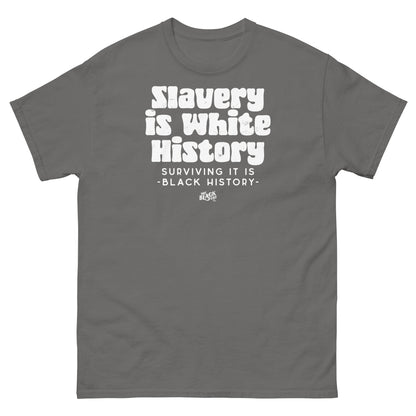 Khaki unisex t-shirt with bold white text reading 'Slavery Is White History, Surviving It Is Black History' by TheBlackest Co.