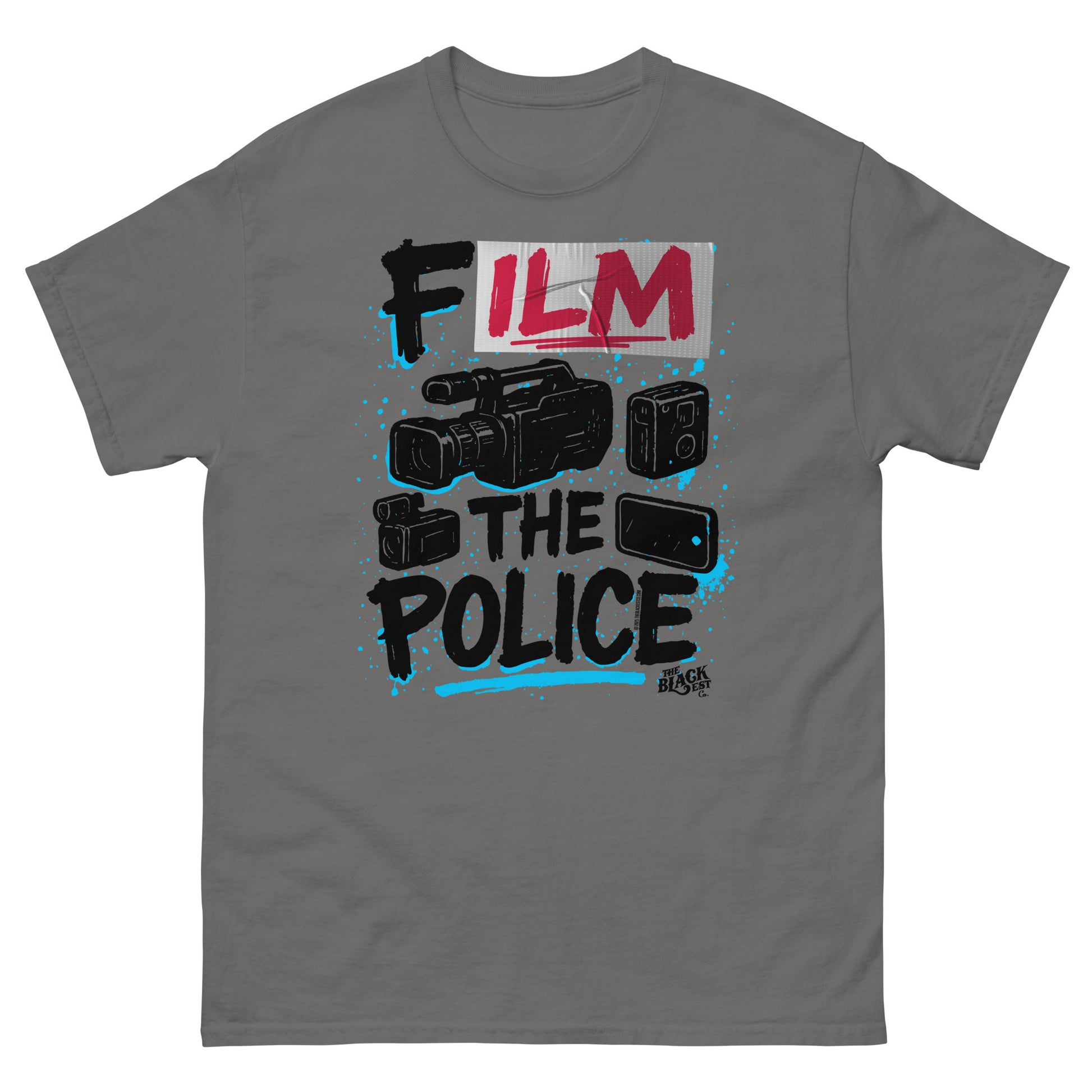 Gray Film The Police Staple T-shirt by TheBlackest Co. with protest design and graphic elements promoting accountability and activism.