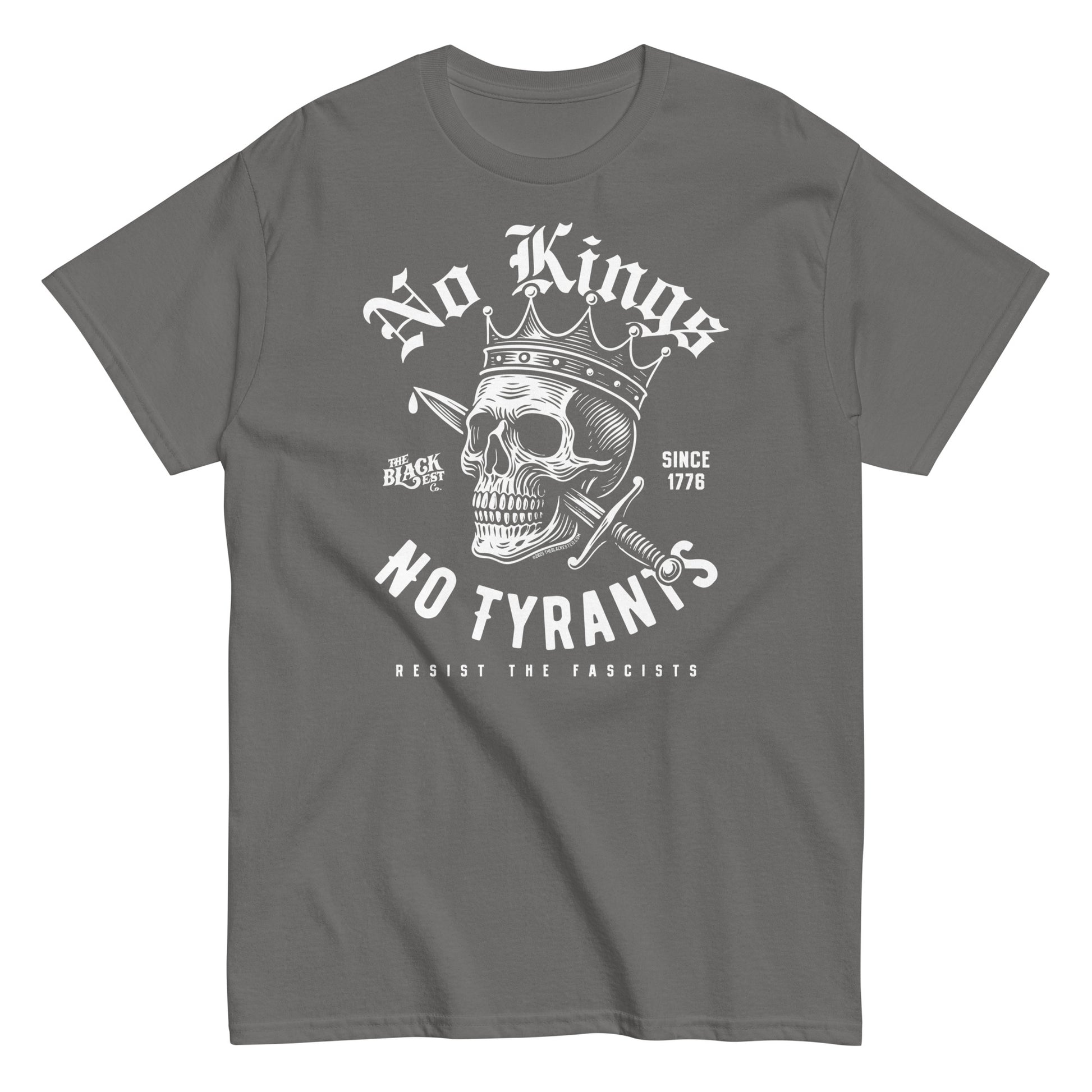 Gray No Kings No Tyrants Skull Protest T-Shirt by TheBlackest Co. with white skull and anti-fascist message, cotton activist streetwear staple.
