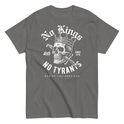 Gray No Kings No Tyrants Skull Protest T-Shirt by TheBlackest Co. with white skull and anti-fascist message, cotton activist streetwear staple.