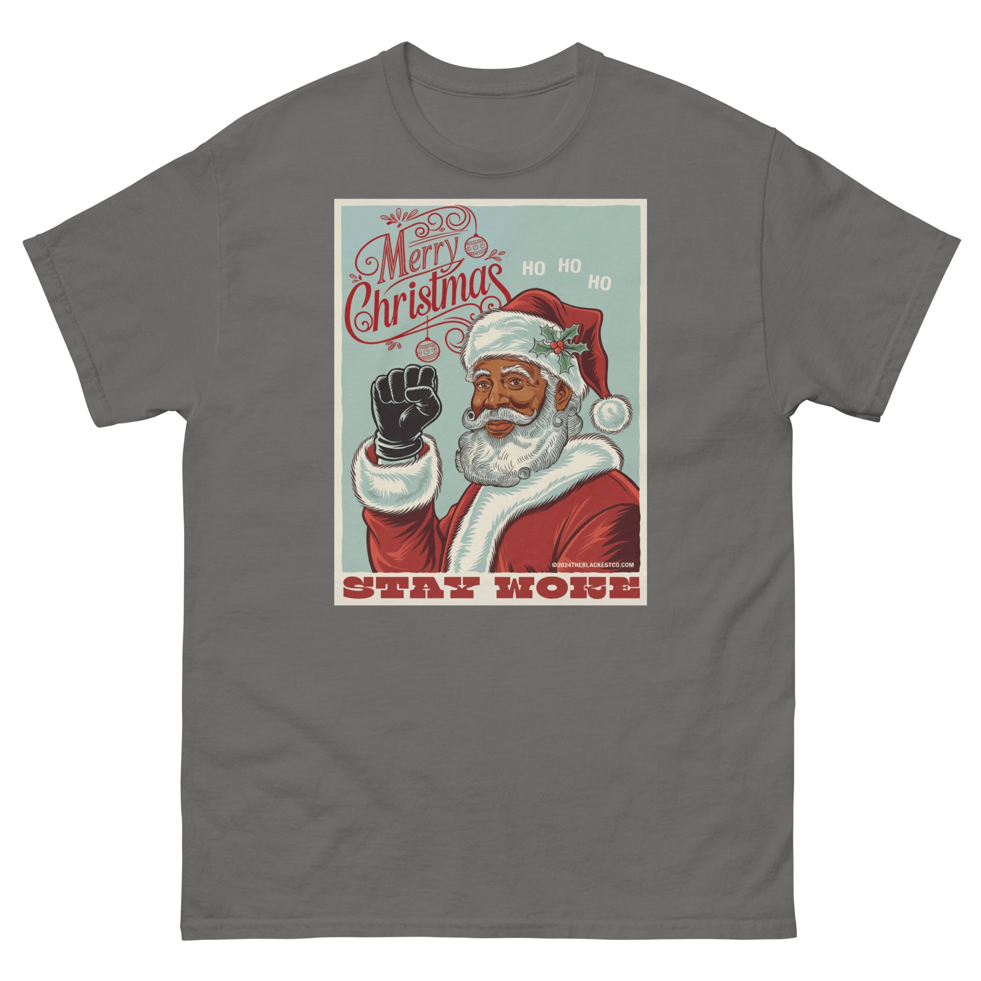 Charcoal Black Santa Stay Woke Unisex Staple T-Shirt with empowering holiday design, combining humor and cultural pride.