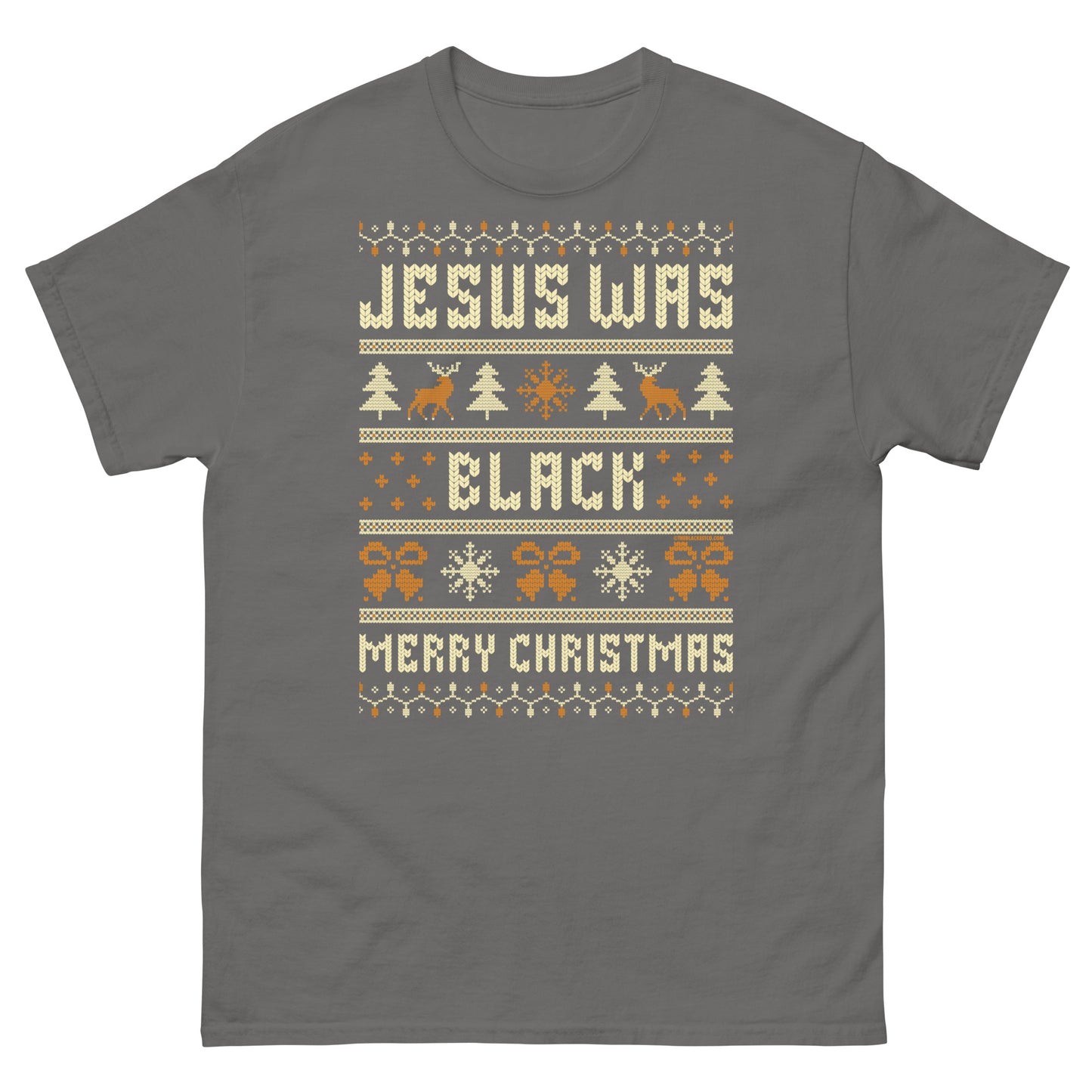 Charcoal gray Jesus Was Black Merry Christmas Unisex T-Shirt by TheBlackest Co., showcasing festive design with bold cultural statement.