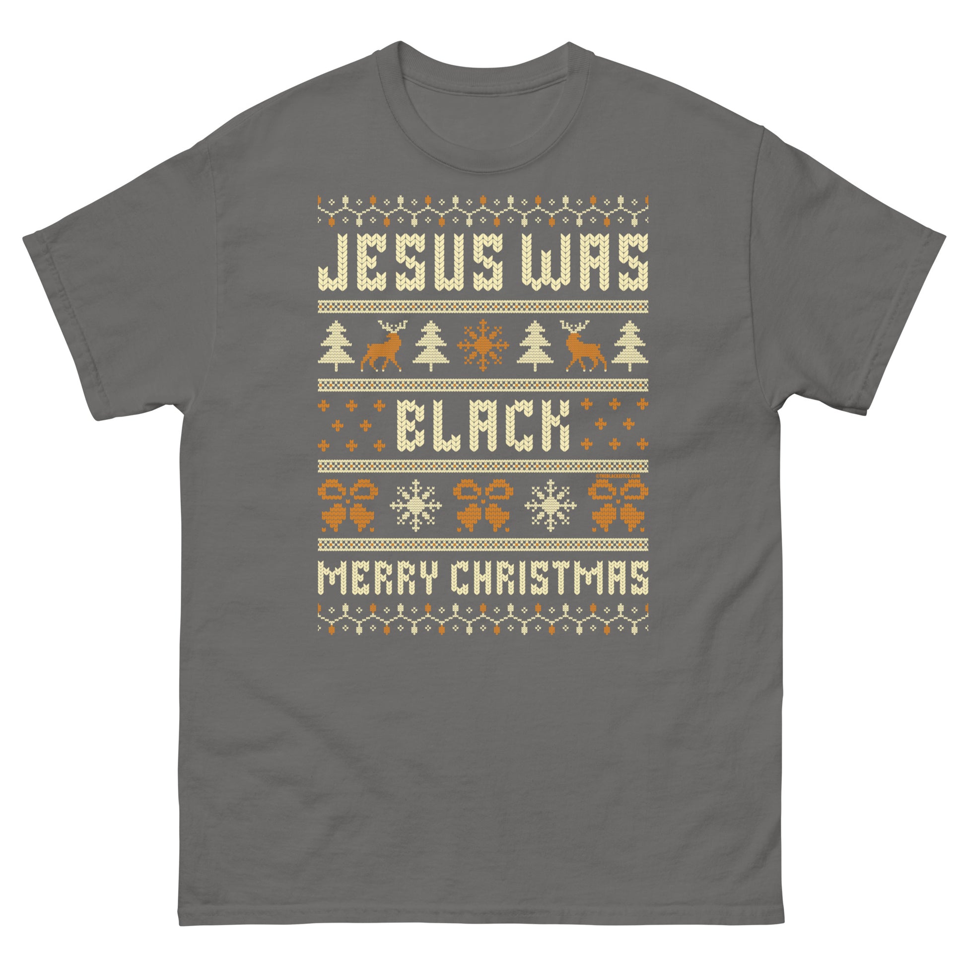 Charcoal gray Jesus Was Black Merry Christmas Unisex T-Shirt by TheBlackest Co., showcasing festive design with bold cultural statement.