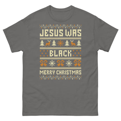 Charcoal gray Jesus Was Black Merry Christmas Unisex T-Shirt by TheBlackest Co., showcasing festive design with bold cultural statement.