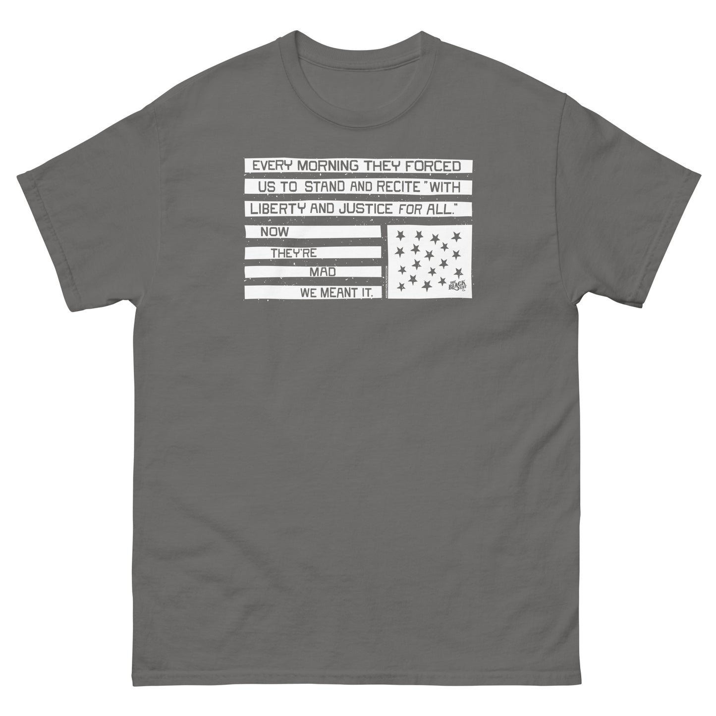 Gray unisex graphic T-shirt with liberty and justice protest design