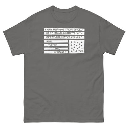 Gray unisex graphic T-shirt with liberty and justice protest design