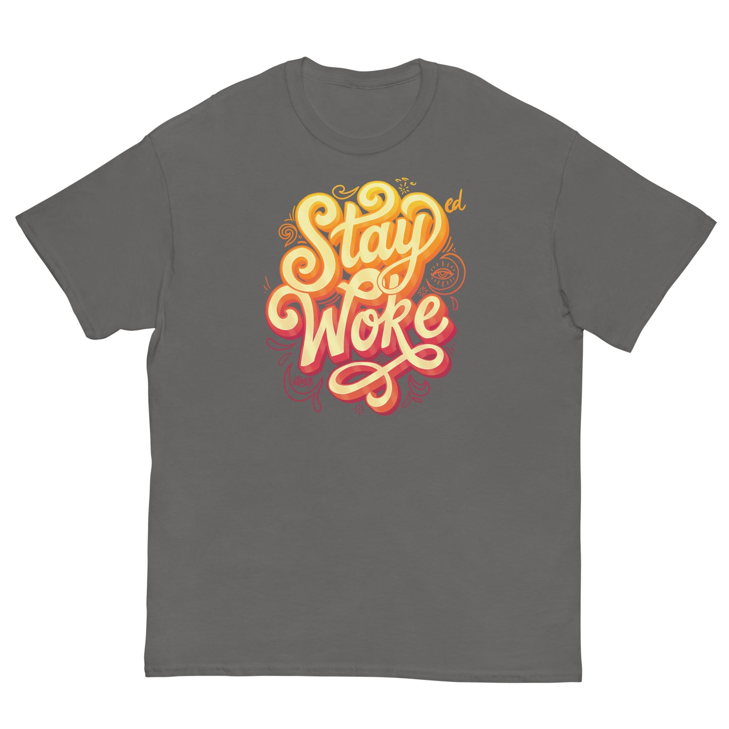 Gray T-Shirt with Stay Woke graphic in yellow and orange