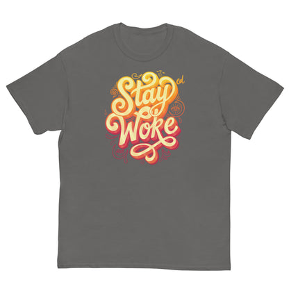 Gray T-Shirt with Stay Woke graphic in yellow and orange