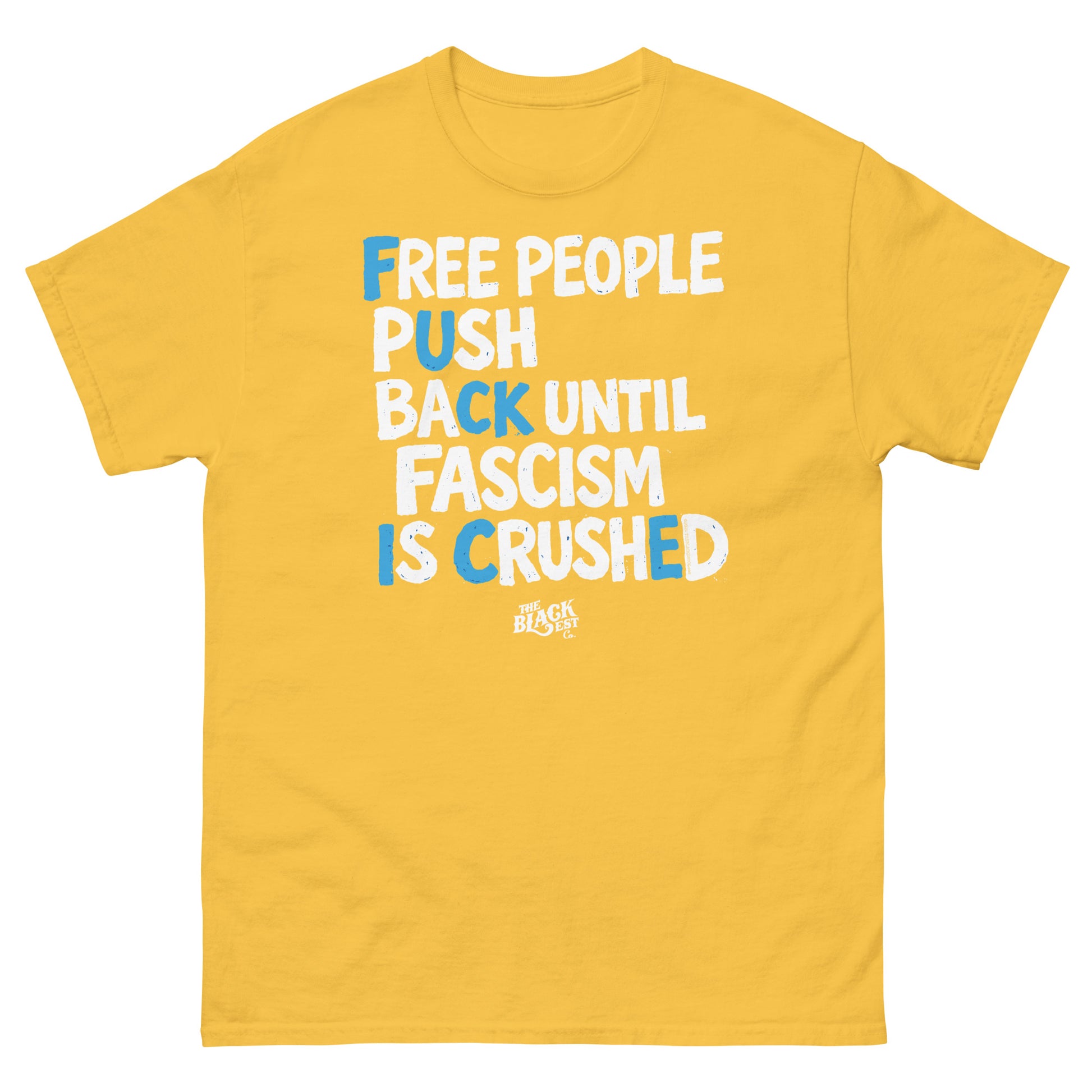 Yellow protest t-shirt with bold white and blue text supporting immigration justice