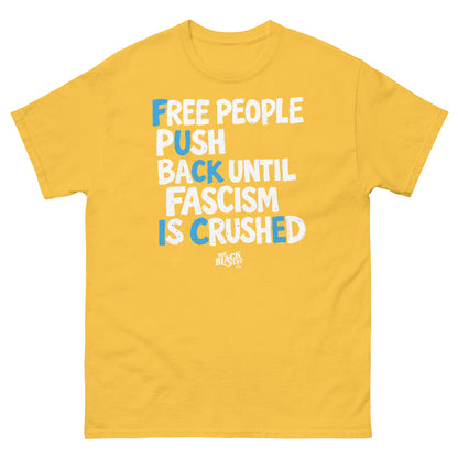 Yellow protest t-shirt with bold white and blue text supporting immigration justice