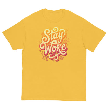 Yellow unisex T-shirt with bold 'Stay Woke' typography for activism and awareness