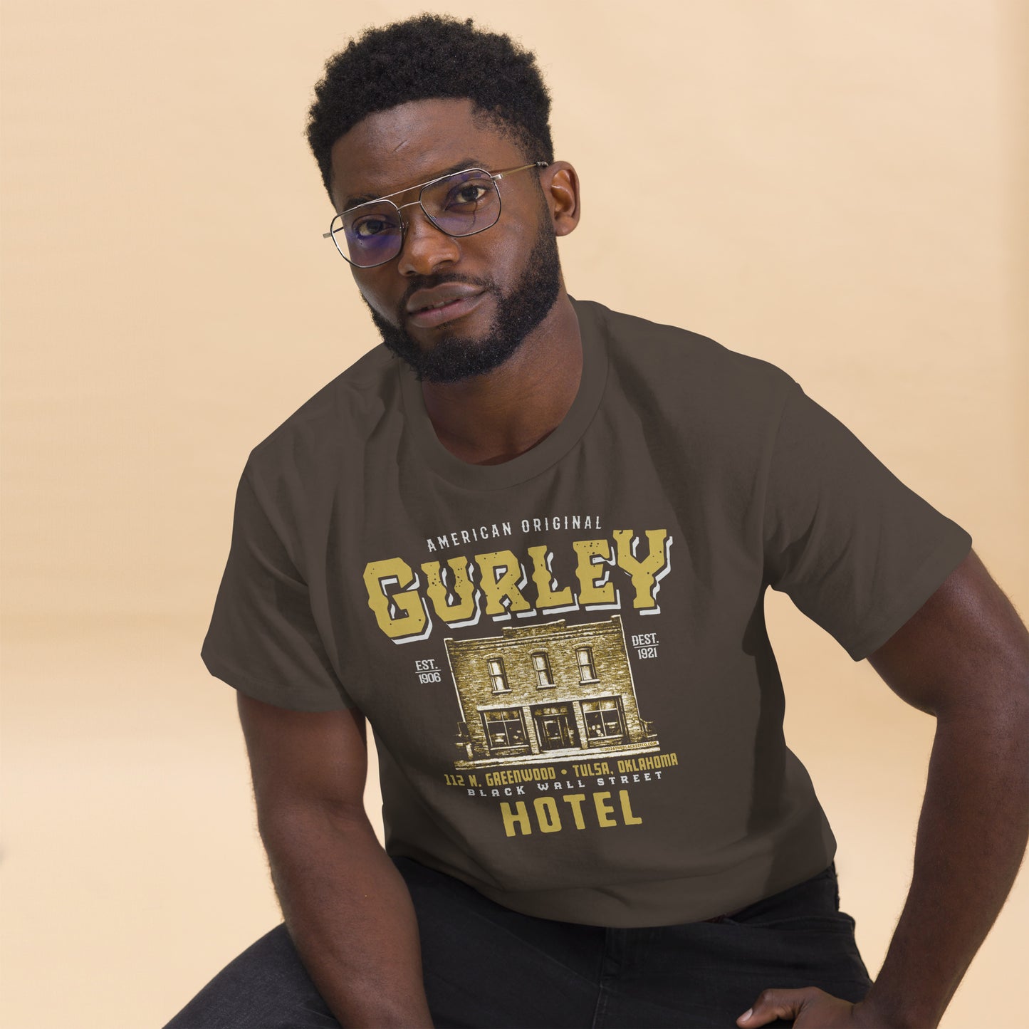 Men's Gurley Hotel vintage graphic T-shirt in chocolate brown, Tulsa history apparel