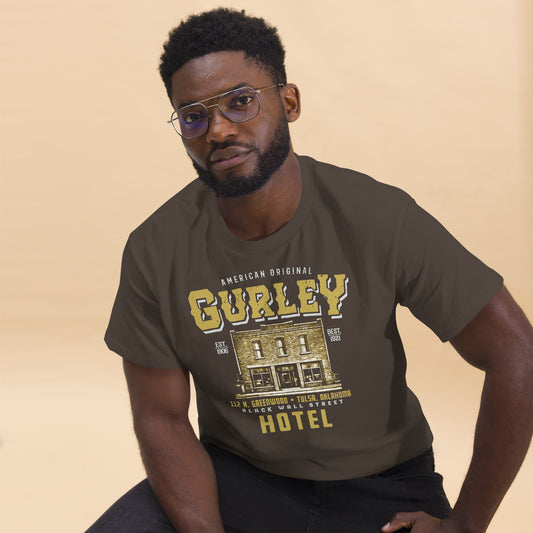 Men's Gurley Hotel vintage graphic T-shirt in chocolate brown, Tulsa history apparel