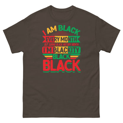 Blackity Black Black History Month Unisex T-Shirt by TheBlackest Co. in brown with bold red, green, and yellow text celebrating Black pride.