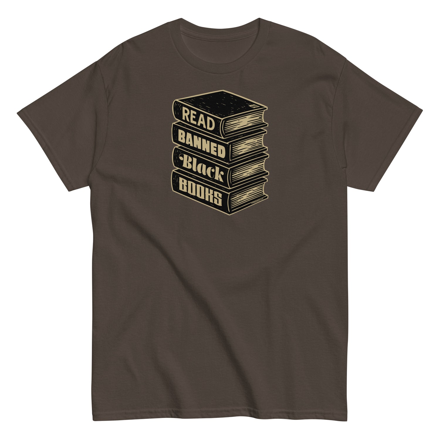 Brown Read Banned Black Books Stack Unisex T-Shirt by TheBlackest Co. featuring a bold book stack graphic with a social justice message.