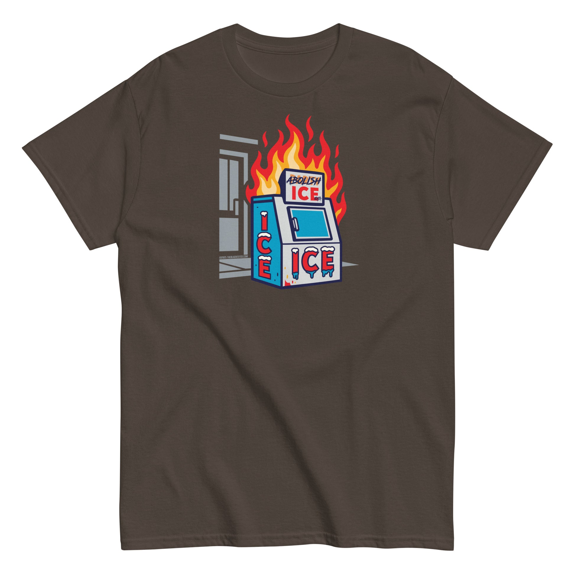 Brown Abolish ICE Statement Staple Unisex T-Shirt with graphic design of burning ice machine, ideal for civil rights and protest wear.