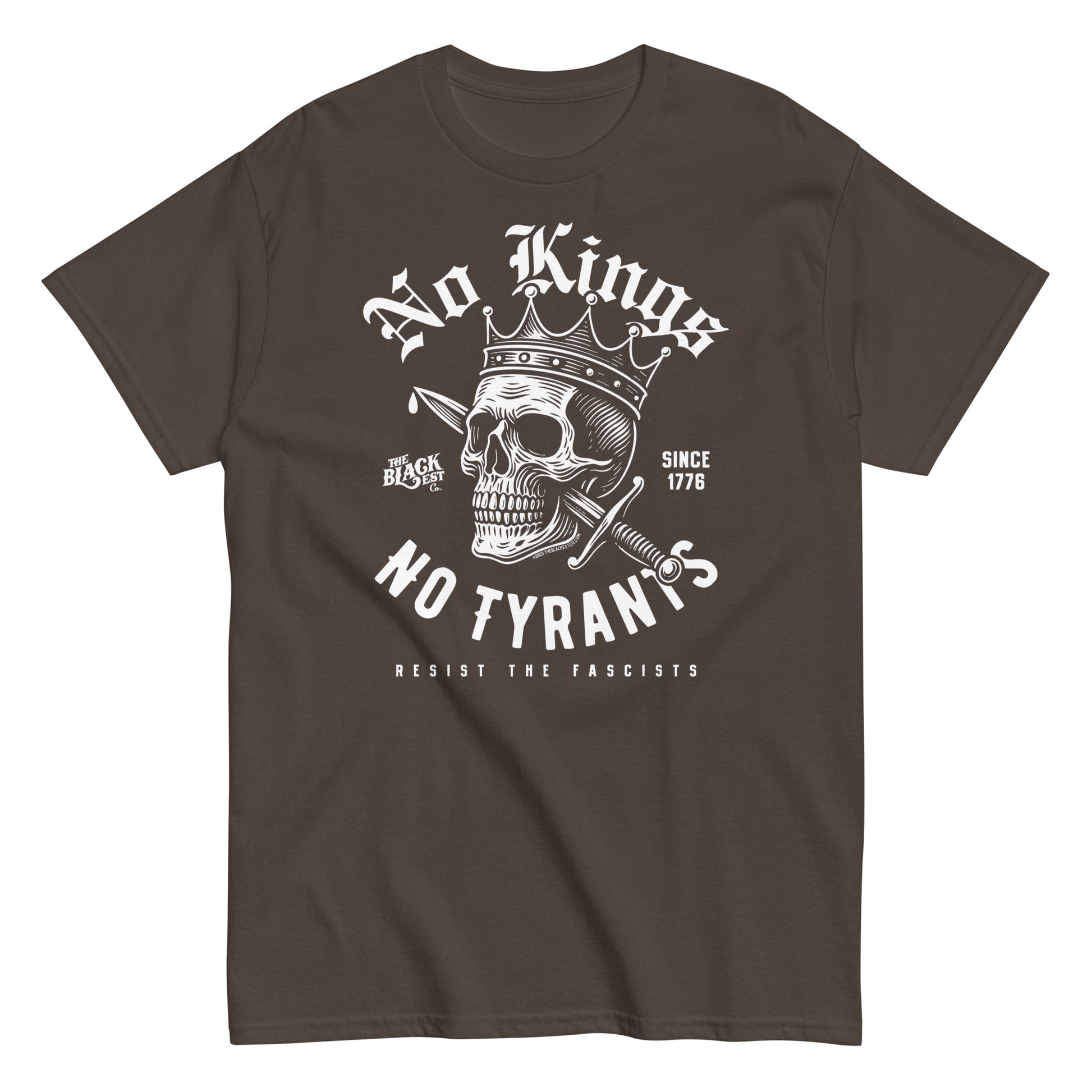 Brown No Kings No Tyrants Skull Protest T-Shirt by TheBlackest Co. with striking skull and crown print, structured cotton protest fashion.
