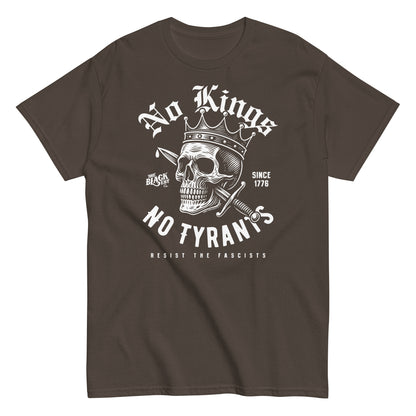 Brown No Kings No Tyrants Skull Protest T-Shirt by TheBlackest Co. with striking skull and crown print, structured cotton protest fashion.