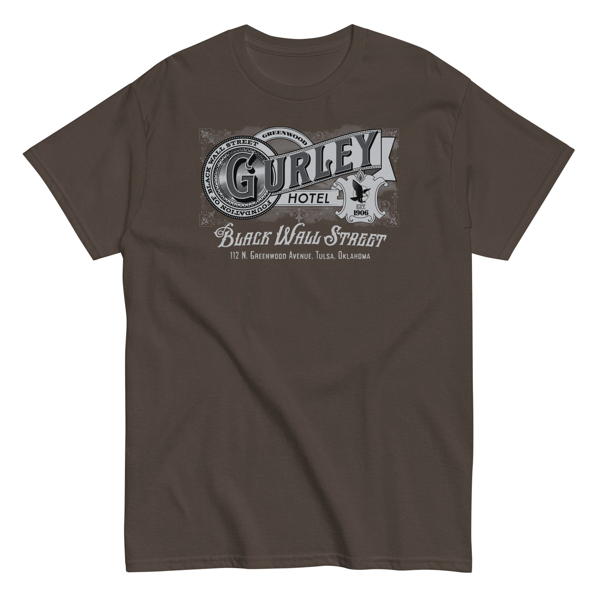 Brown vintage Gurley Hotel unisex T-shirt with Black Wall Street graphic design