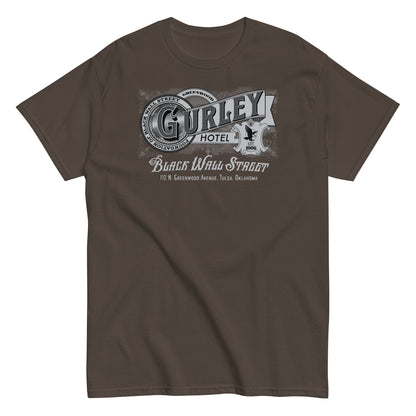 Brown vintage Gurley Hotel unisex T-shirt with Black Wall Street graphic design