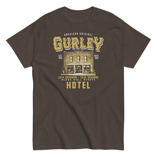 Chocolate brown Gurley American Original black wall street tribute t-shirt with historic Gurley Hotel graphic