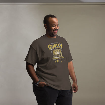 Model wearing Gurley American Original T-shirt in chocolate brown, Tulsa Black Wall Street apparel