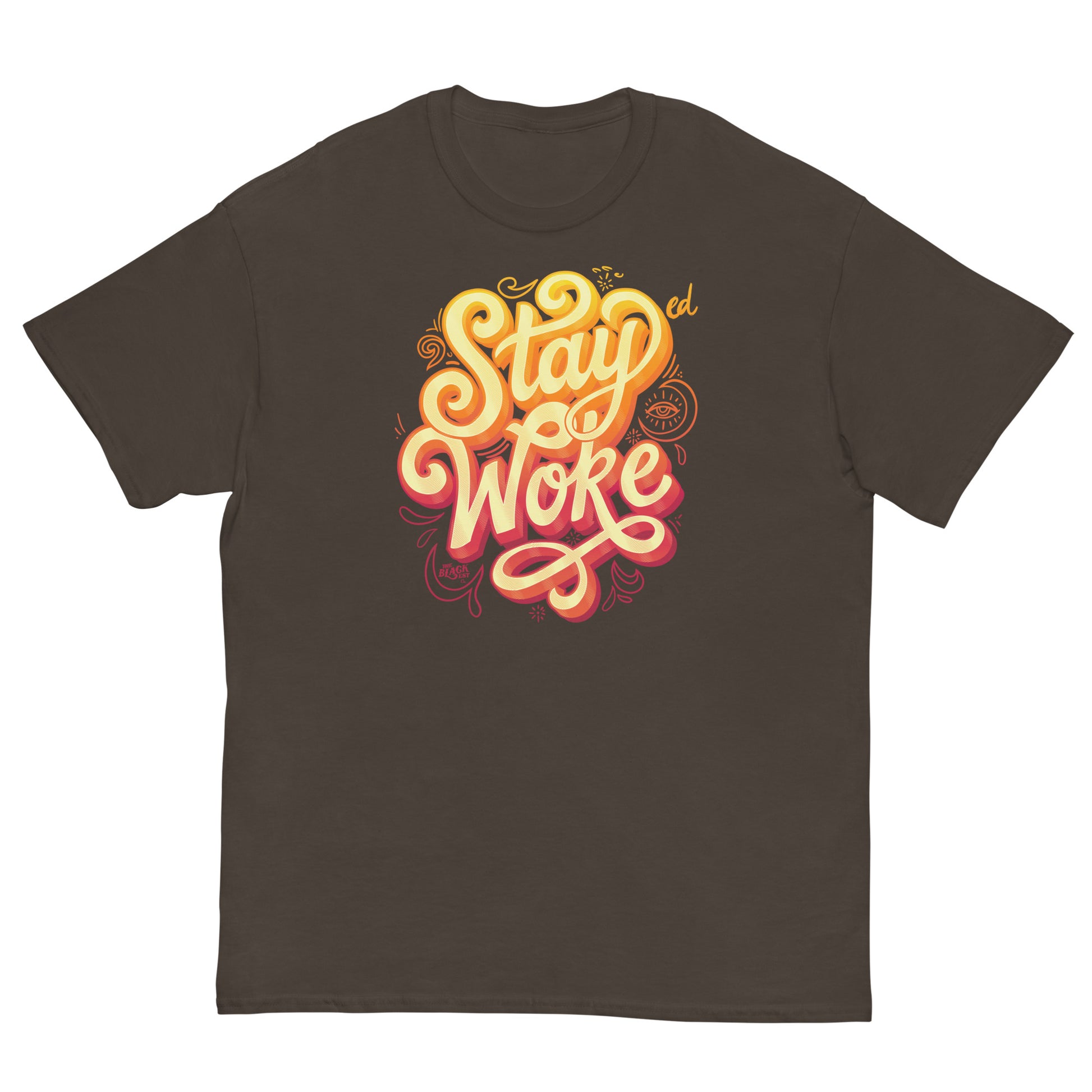 Black T-Shirt with Stay Woke graphic in yellow and orange