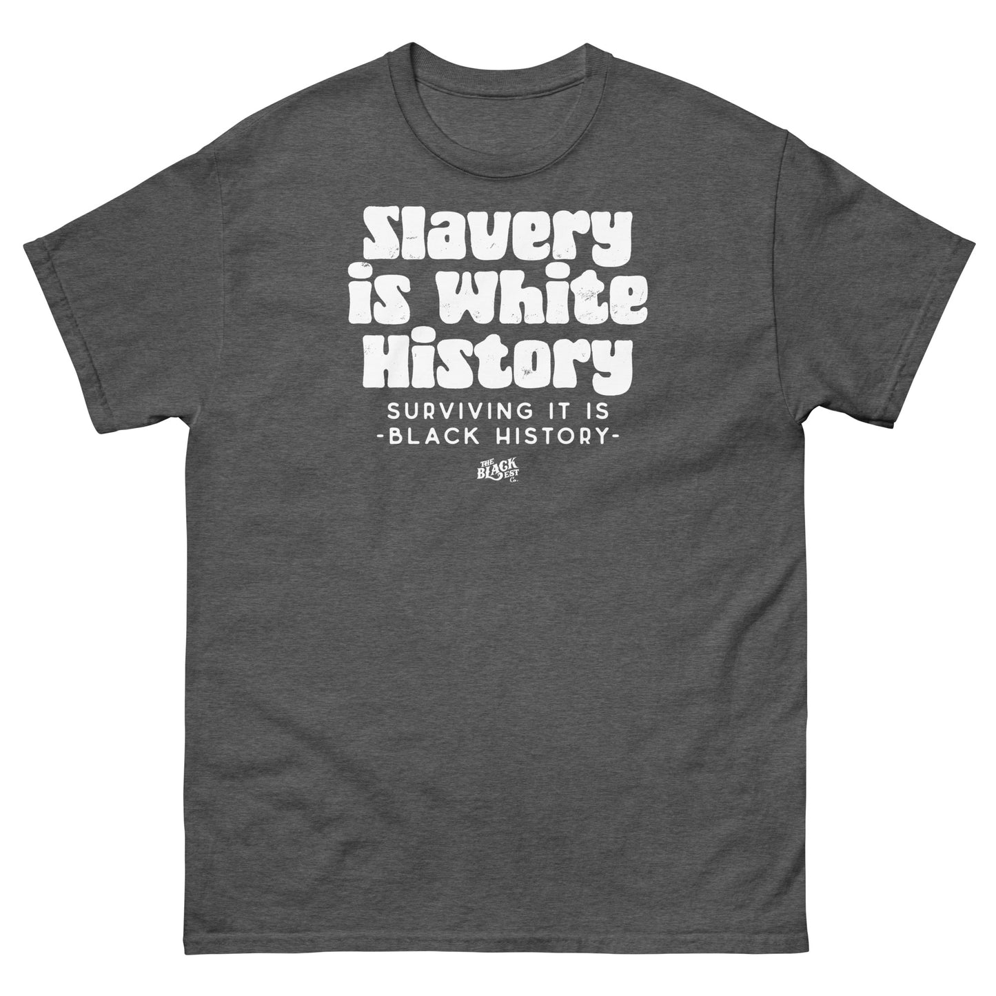 Olive green unisex t-shirt with bold white text reading 'Slavery Is White History, Surviving It Is Black History' by TheBlackest Co.