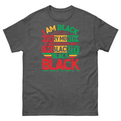 Blackity Black Black History Month Unisex T-Shirt by TheBlackest Co. in gray with bold red, green, and yellow text celebrating Black pride.