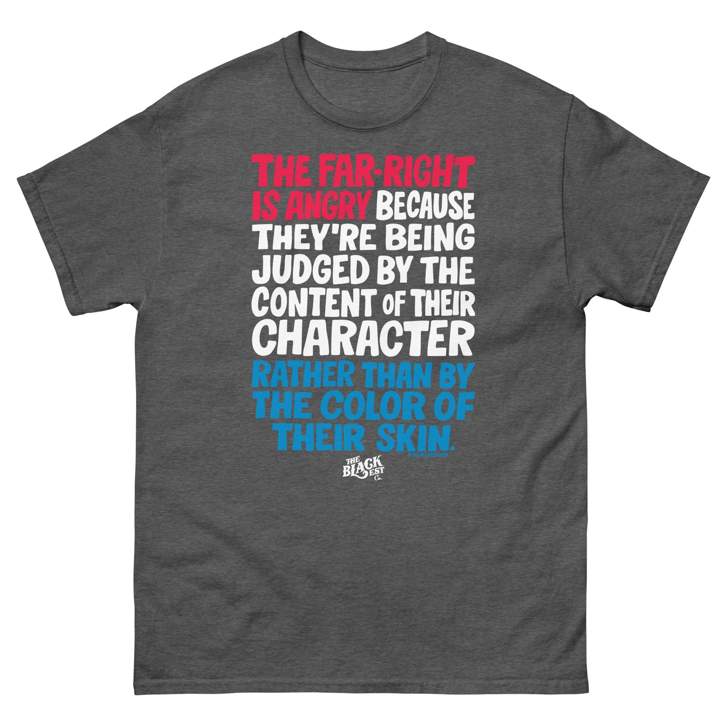Charcoal gray Why The Far Right Is Angry RWB T-Shirt by TheBlackest Co. featuring red, white, and blue statement text. Streetwear-style tee.