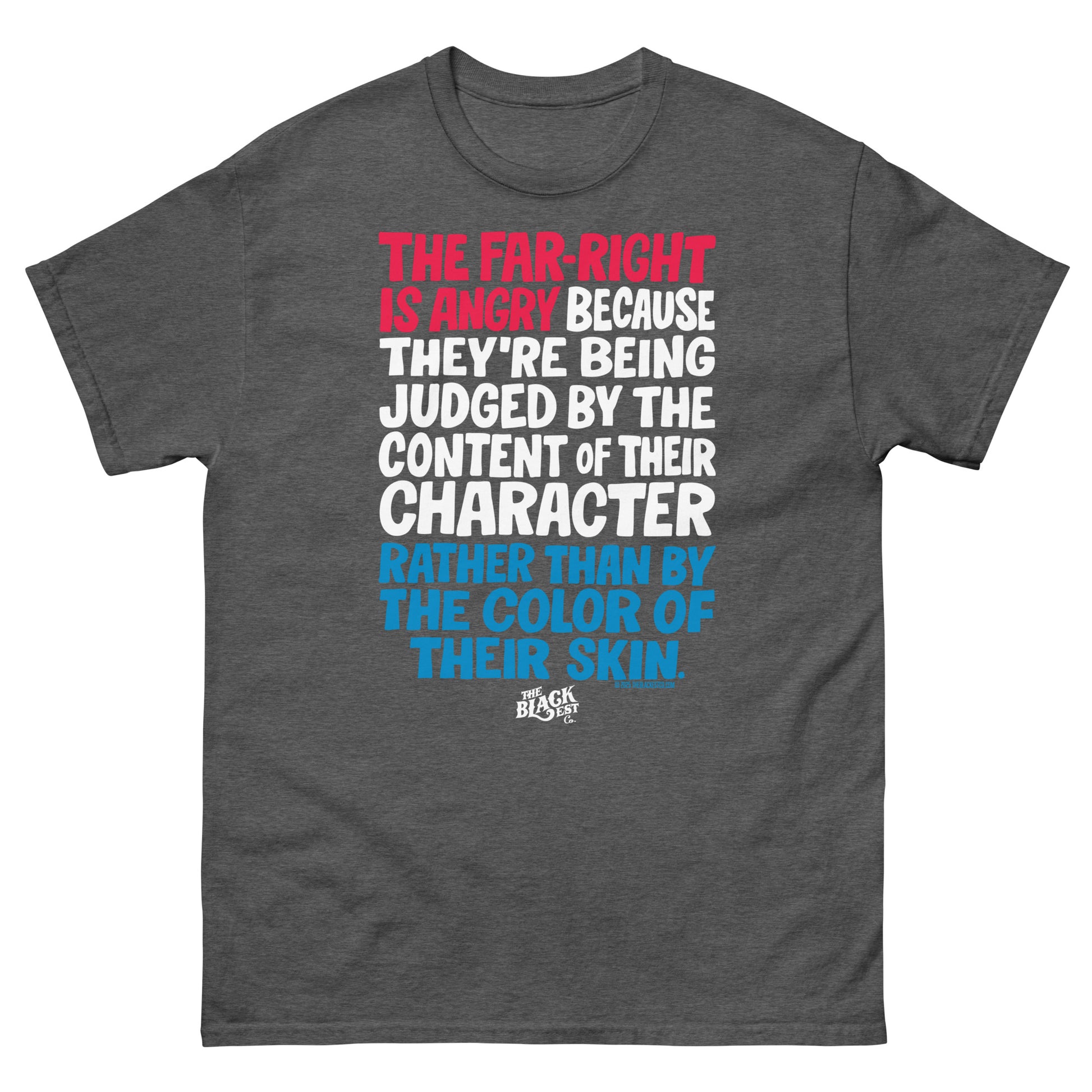 Charcoal gray Why The Far Right Is Angry RWB T-Shirt by TheBlackest Co. featuring red, white, and blue statement text. Streetwear-style tee.