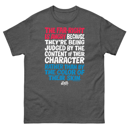 Charcoal gray Why The Far Right Is Angry RWB T-Shirt by TheBlackest Co. featuring red, white, and blue statement text. Streetwear-style tee.