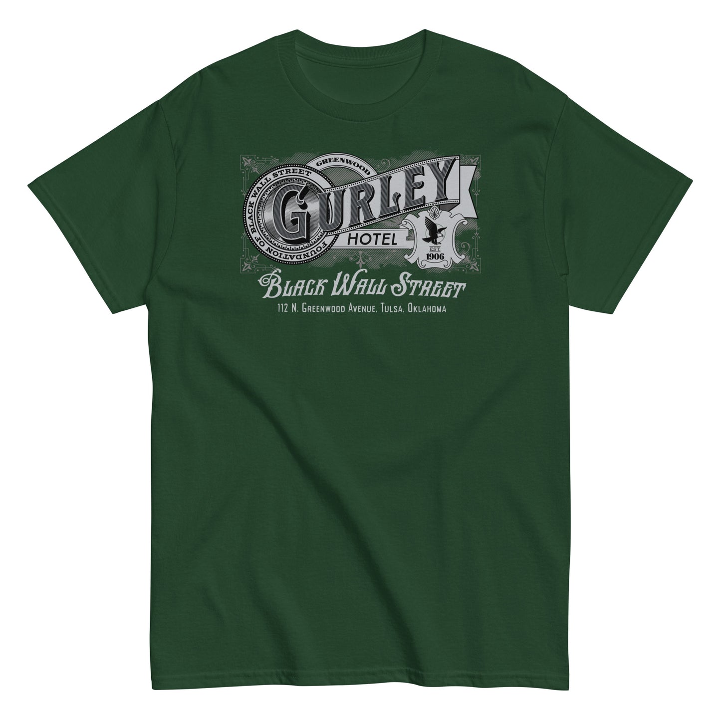 Green vintage Gurley Hotel unisex T-shirt with Black Wall Street graphic design