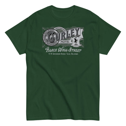 Green vintage Gurley Hotel unisex T-shirt with Black Wall Street graphic design