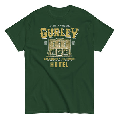 green Gurley American Original unisex graphic t-shirt with historic hotel illustration and Tulsa address