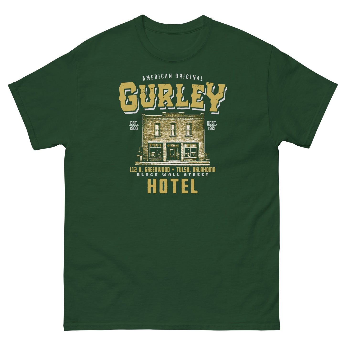 Green Gurley American Original T-shirt with historic Greenwood Hotel graphic