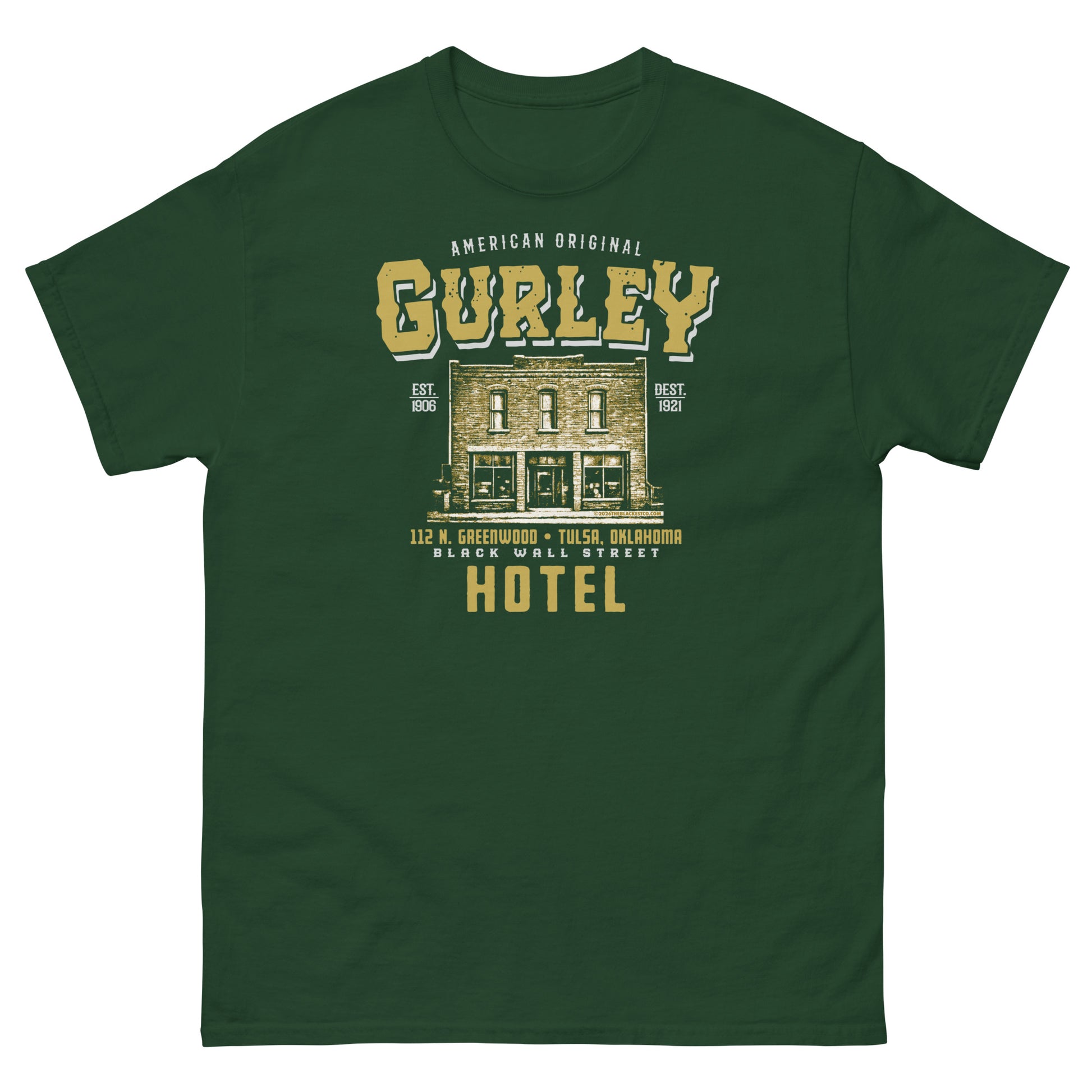 Green Gurley American Original T-shirt with historic Greenwood Hotel graphic