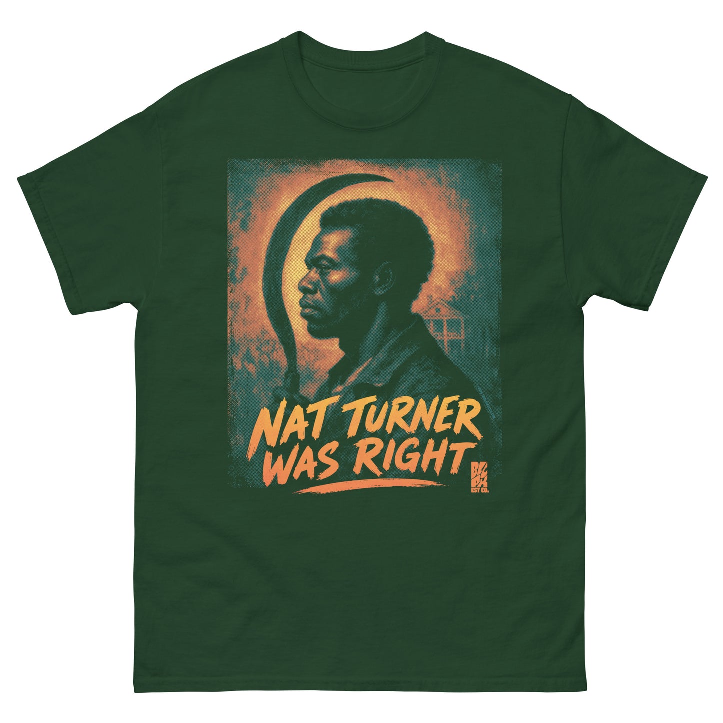 Green unisex T-shirt featuring a graphic print of Nat Turner with bold orange text, celebrating Black history and resistance