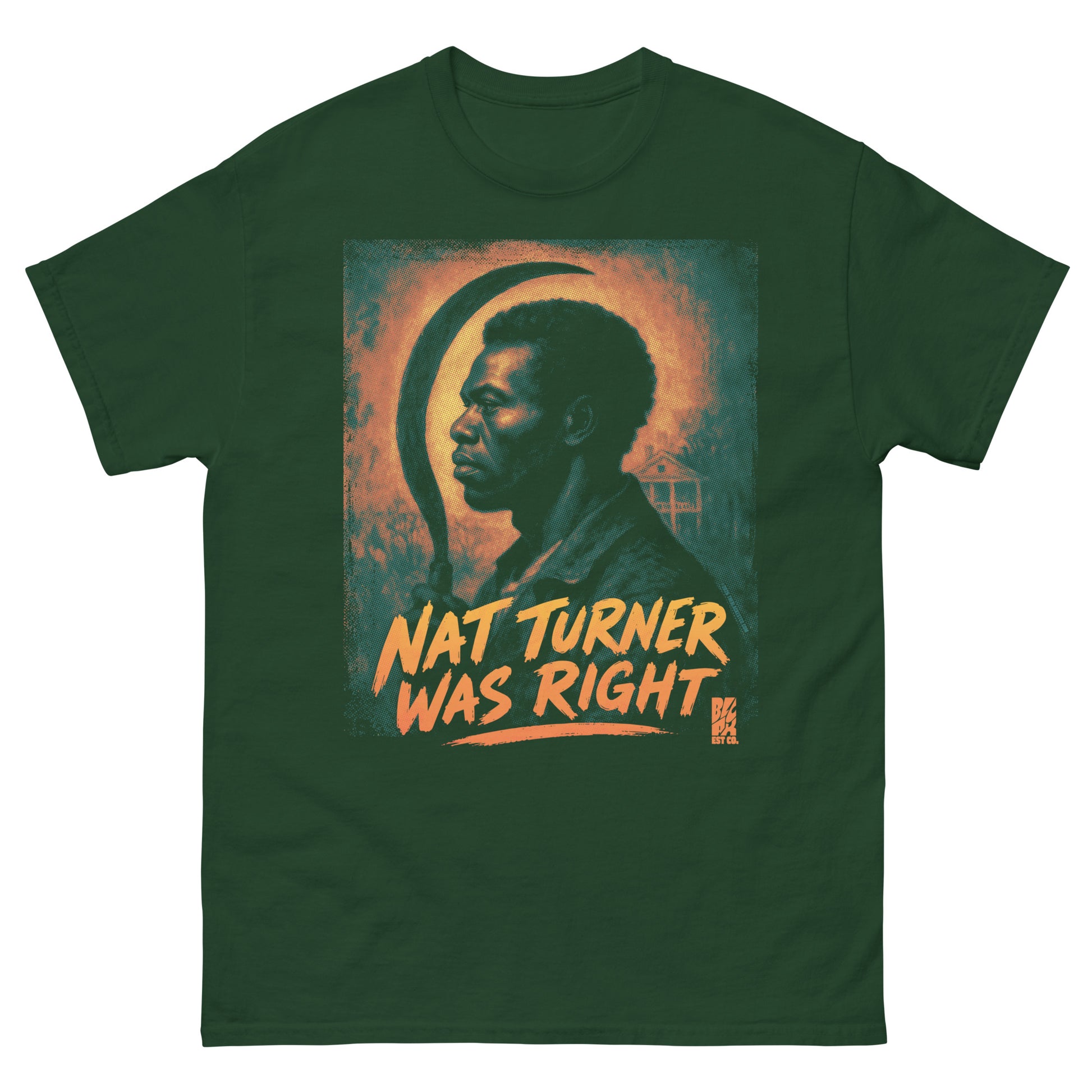 Green unisex T-shirt featuring a graphic print of Nat Turner with bold orange text, celebrating Black history and resistance