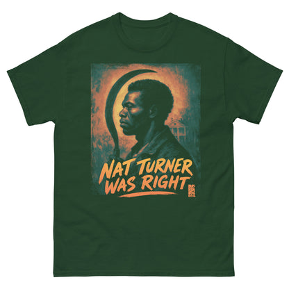 Green unisex T-shirt featuring a graphic print of Nat Turner with bold orange text, celebrating Black history and resistance