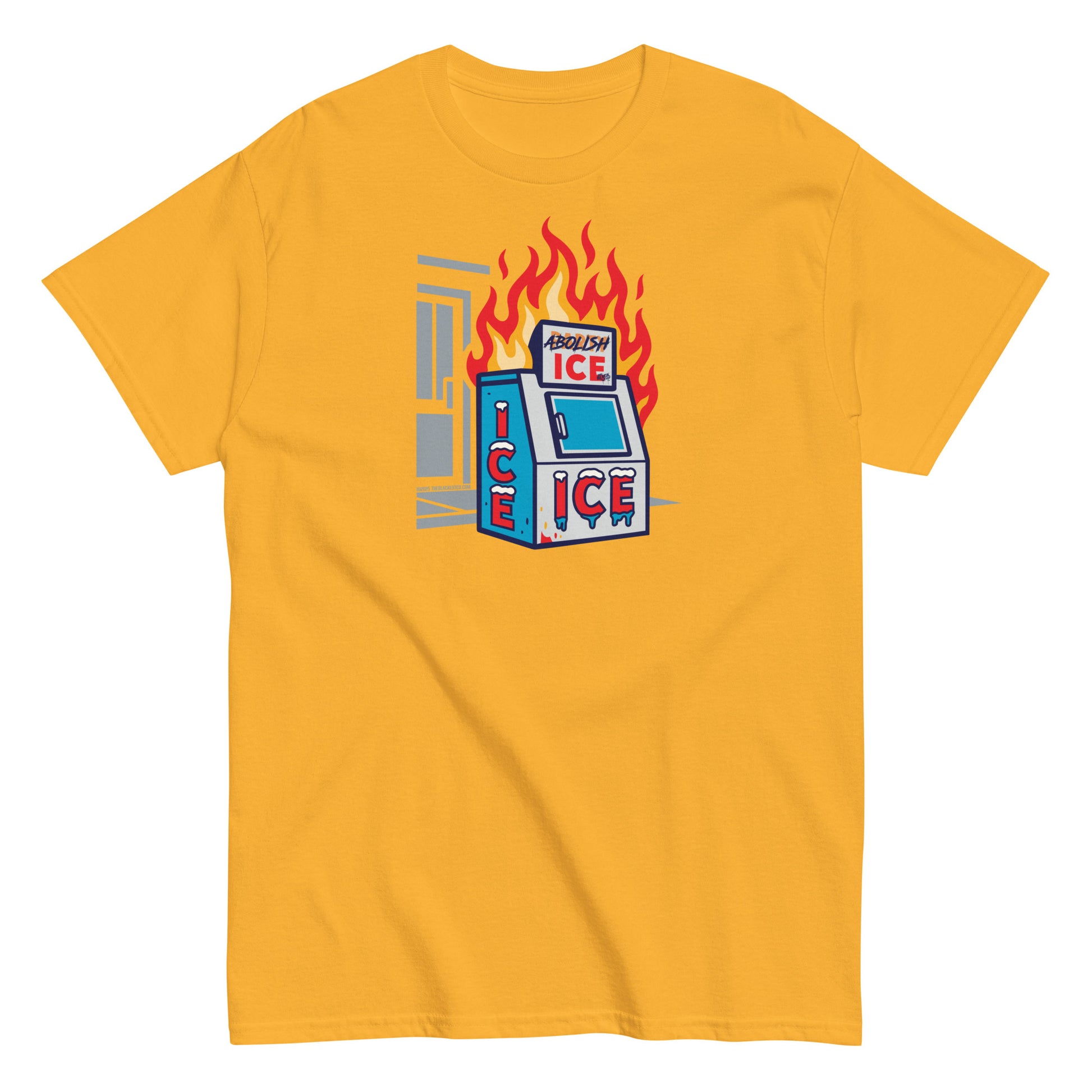 Gold Abolish ICE Statement Staple Unisex T-Shirt by TheBlackest Co., featuring a graphic of a burning ice machine for protest fashion.
