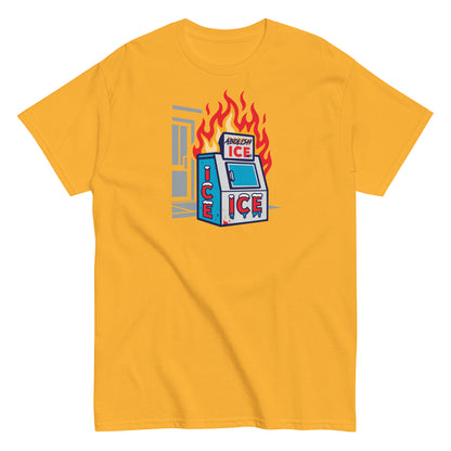 Gold Abolish ICE Statement Staple Unisex T-Shirt by TheBlackest Co., featuring a graphic of a burning ice machine for protest fashion.