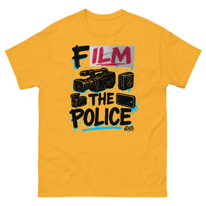 Yellow Film The Police Staple T-shirt by TheBlackest Co. with bold activist slogan and illustrated surveillance gear in black and blue.