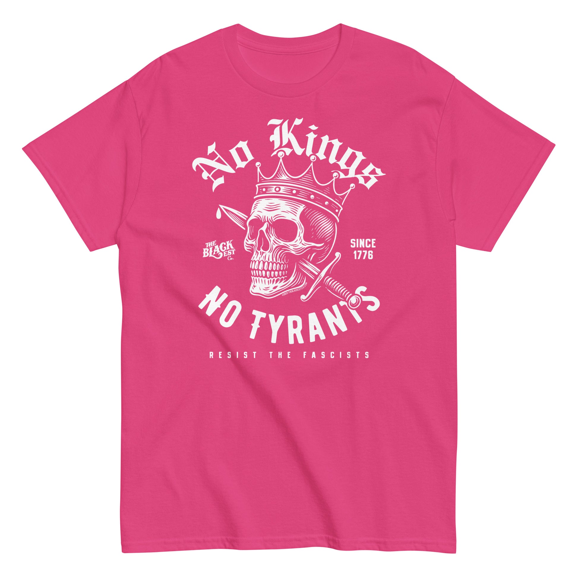 Pink No Kings No Tyrants Skull Protest T-Shirt by TheBlackest Co. with bold white skull design, structured unisex tee for protest and culture.