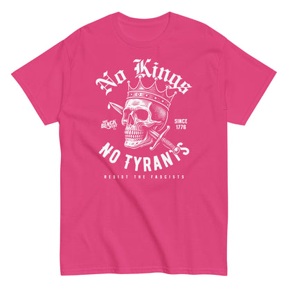 Pink No Kings No Tyrants Skull Protest T-Shirt by TheBlackest Co. with bold white skull design, structured unisex tee for protest and culture.