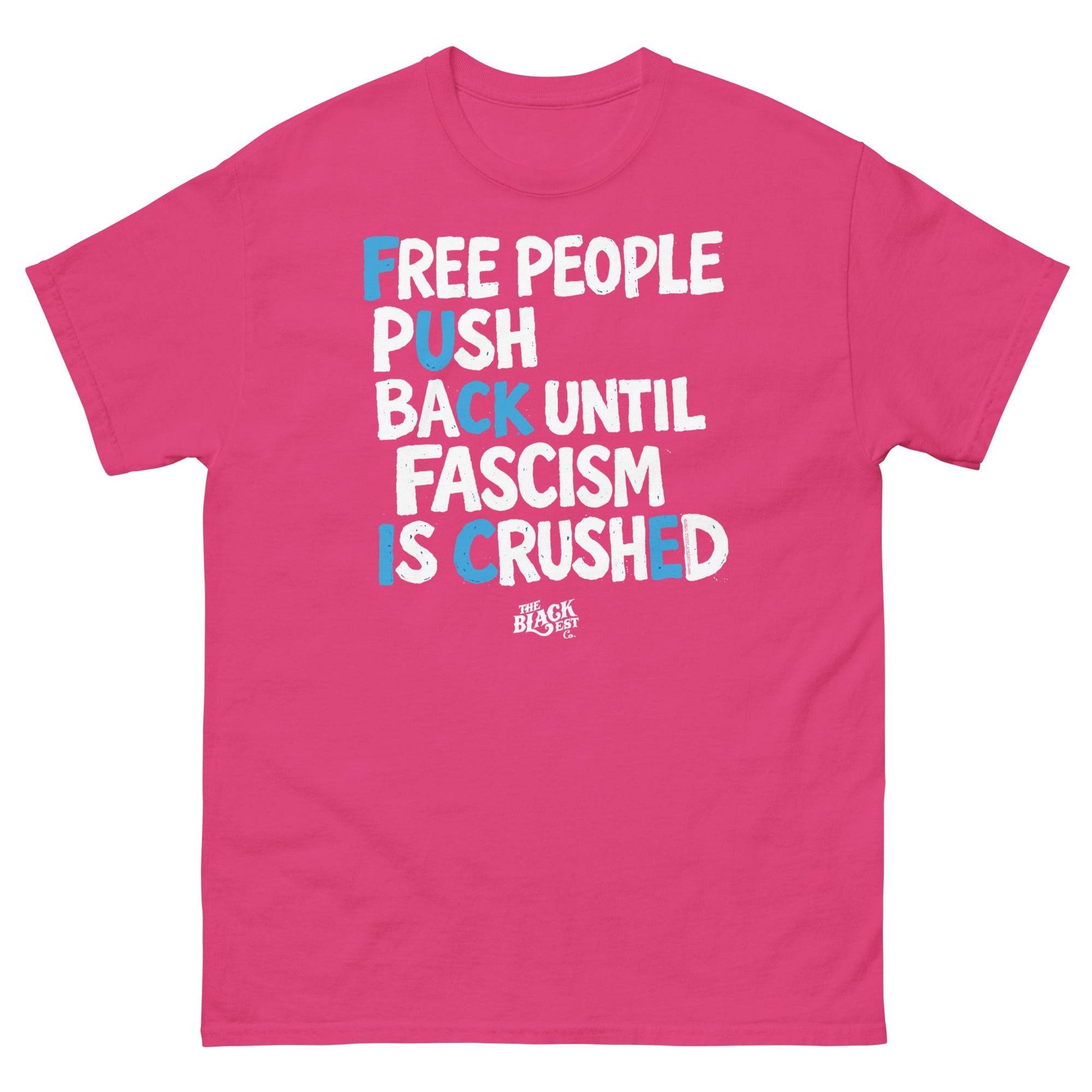 Pink protest t-shirt with bold white and blue text supporting immigration justice