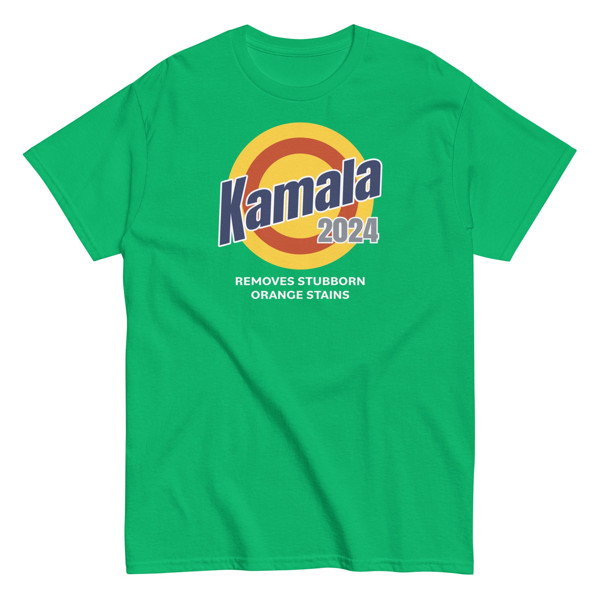 Unisex classic tee in Irish green, front view, soft cotton fabric, kamala removes stubborn orange stains design